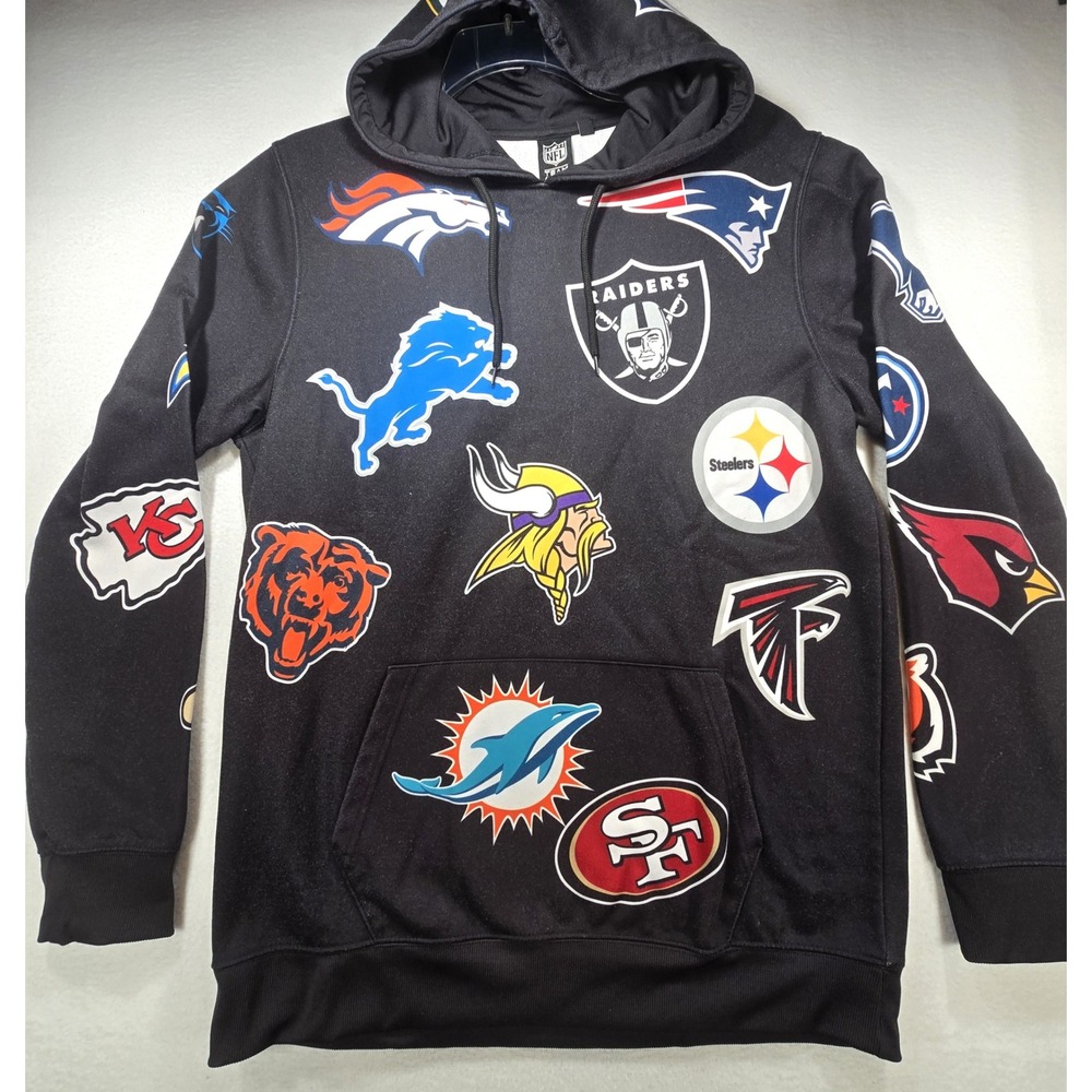 NFL Team Apparel Mens XL Black All Over Print Team Logo Fleece Hoodie Sweatshirt